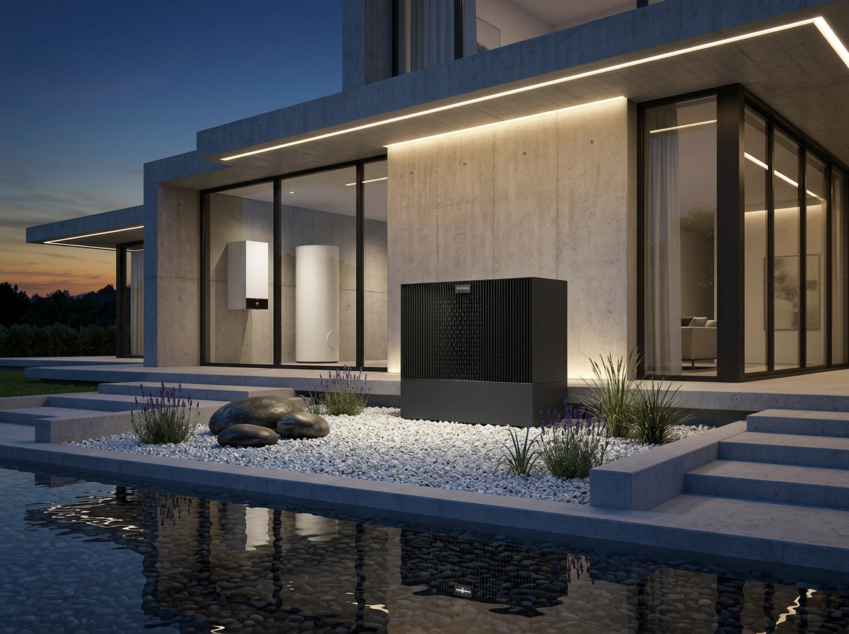 Viessmann Wärmepumpe vor moderner Villa